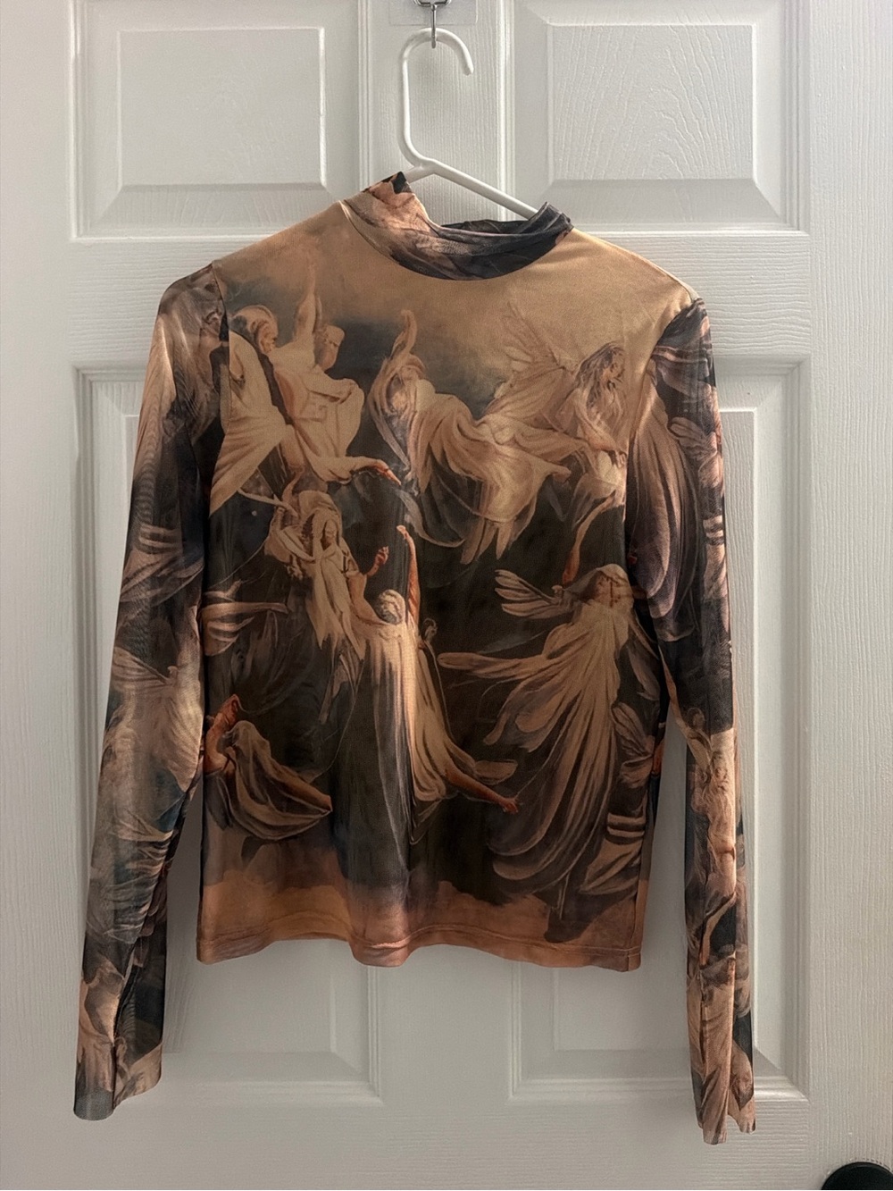 Sheer Angel-Print Long Sleeve Top in Brown